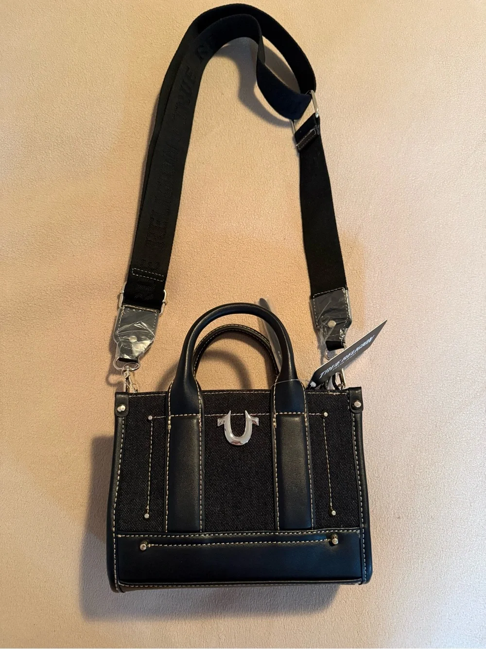 NWOT!  TRUE RELIGION Structured Black Denim Logo Crossbody Mini Tote